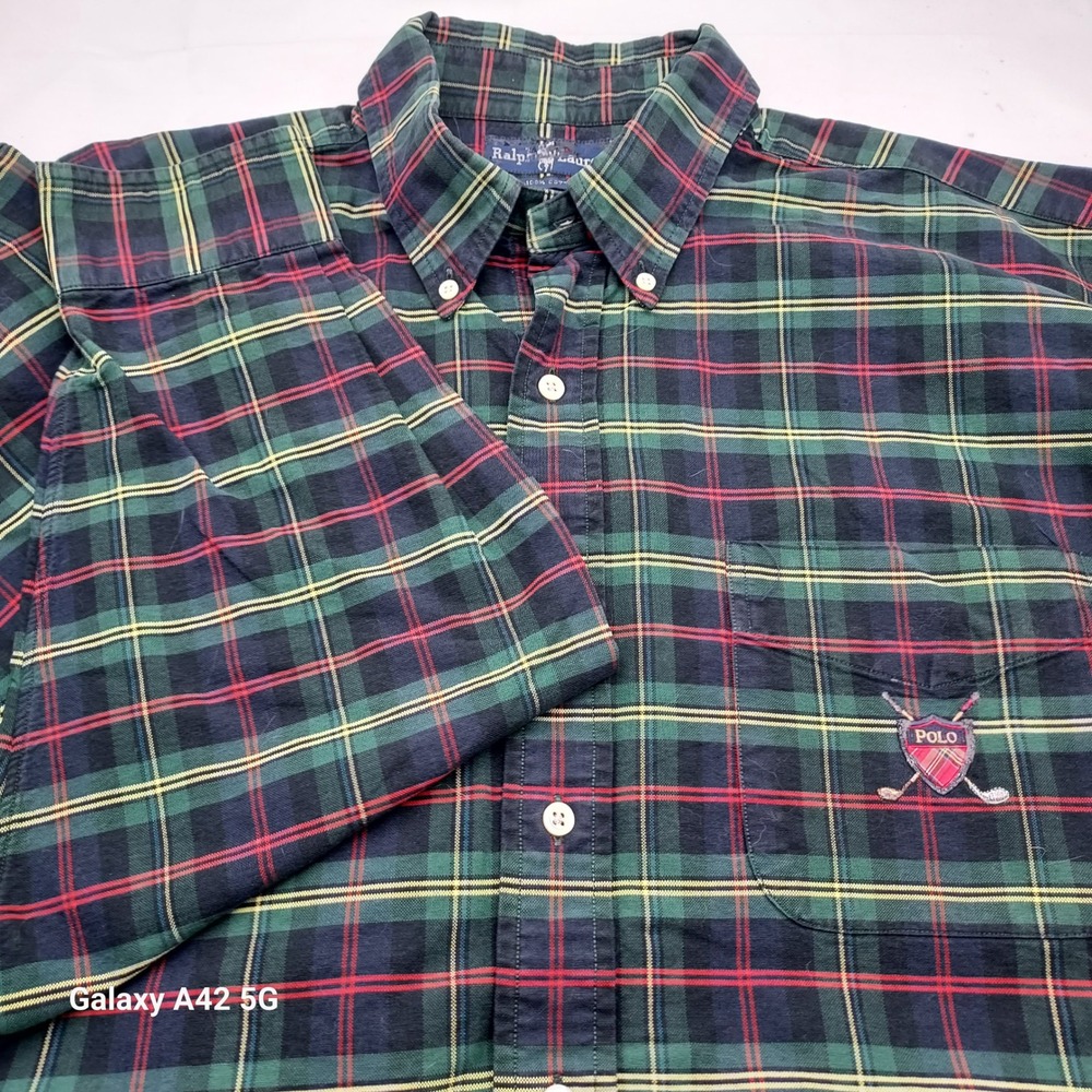 Ralph Lauren Mens XL Plaid Button Down Shirt Green Red Polo Golf Crest Cotton